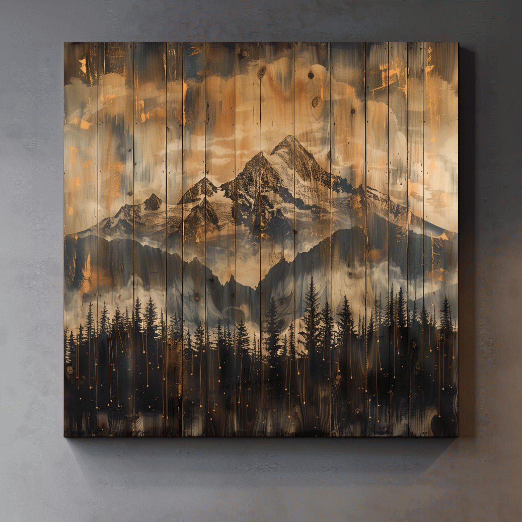 Mountain range cabin art, rustic wood burning effect, wooden panel style