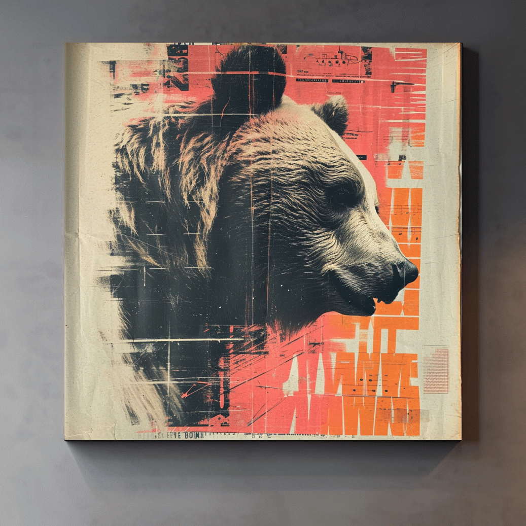 Grizzly bear artwork, magazine collage style art illustration
