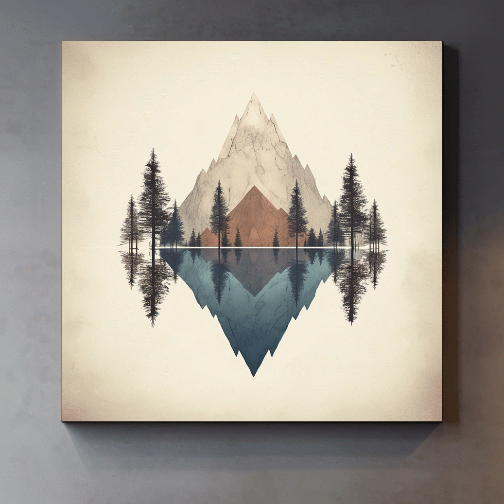 Minimal mountain art, reflections in the lake