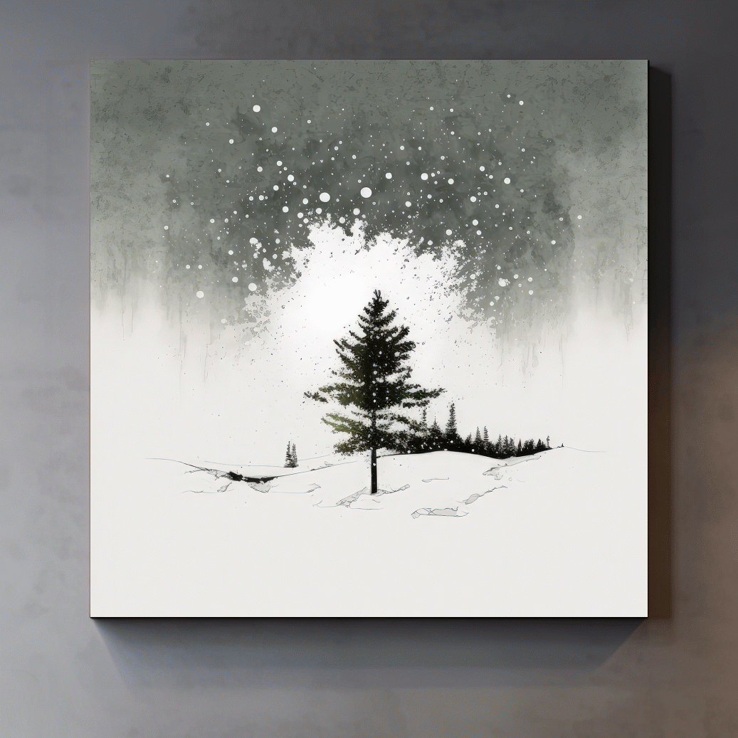 Minimal black and white art painting, lonely winter tree in the snow