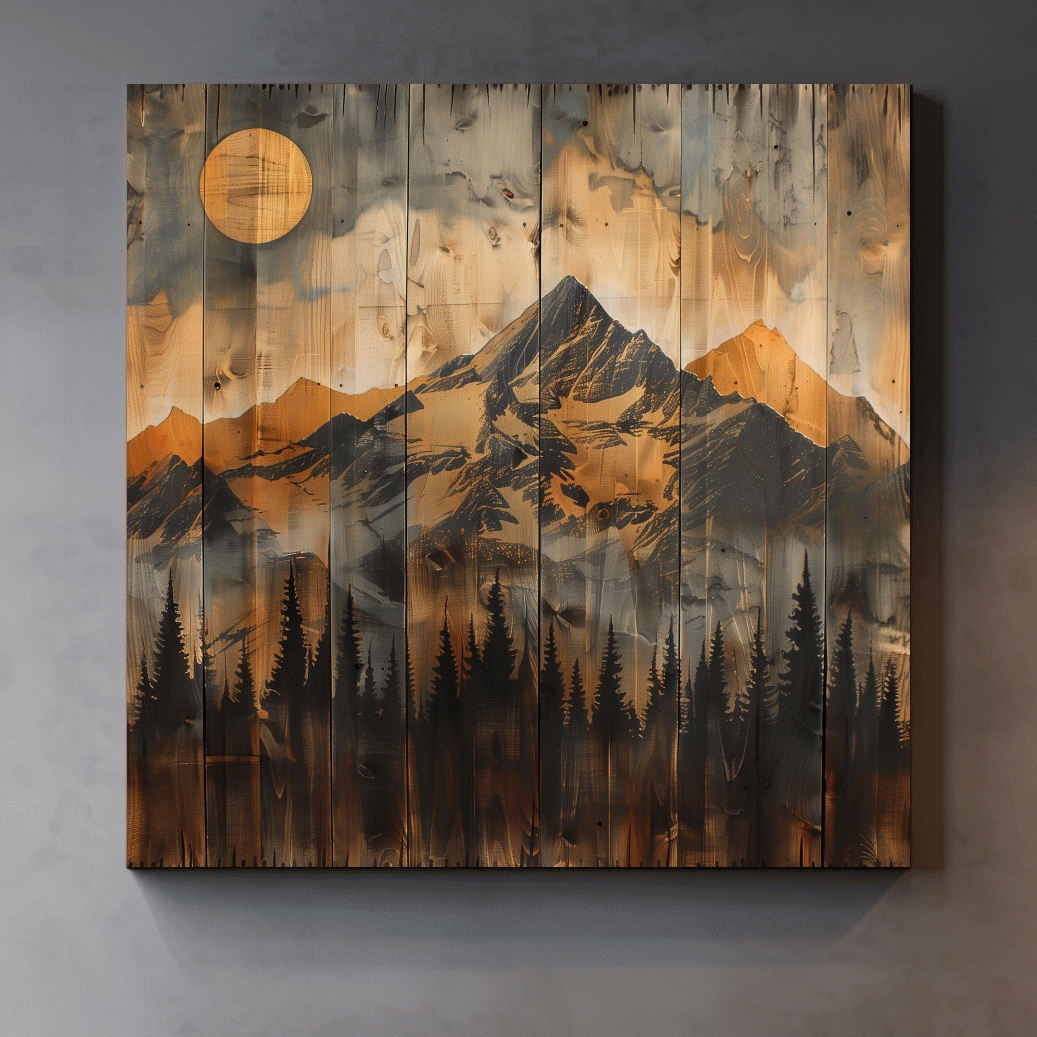 Rustic Woodgrain Mountain Sunset Artwork - Vintage Pine Forest Wall Art