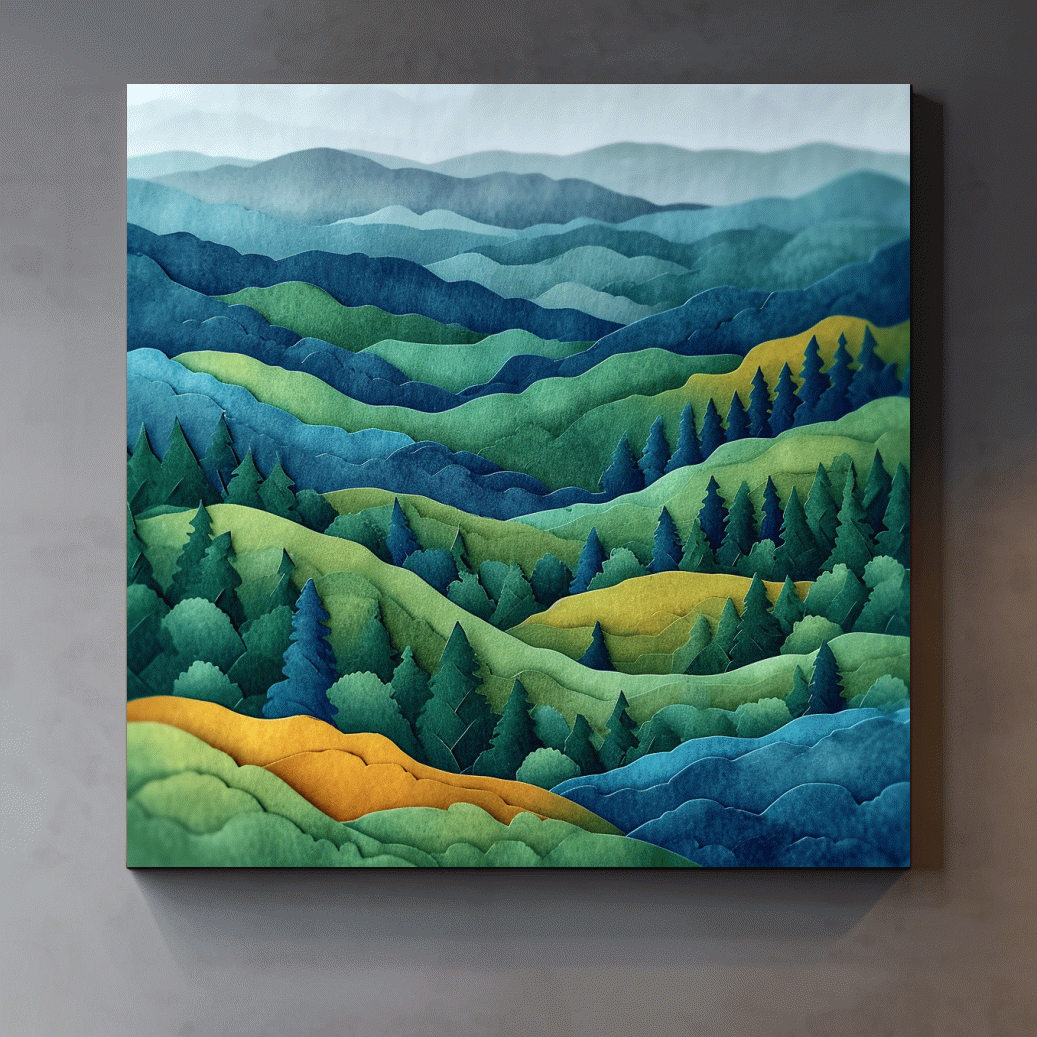 3d layered paper quilling effect artwork, rolling hills and forest