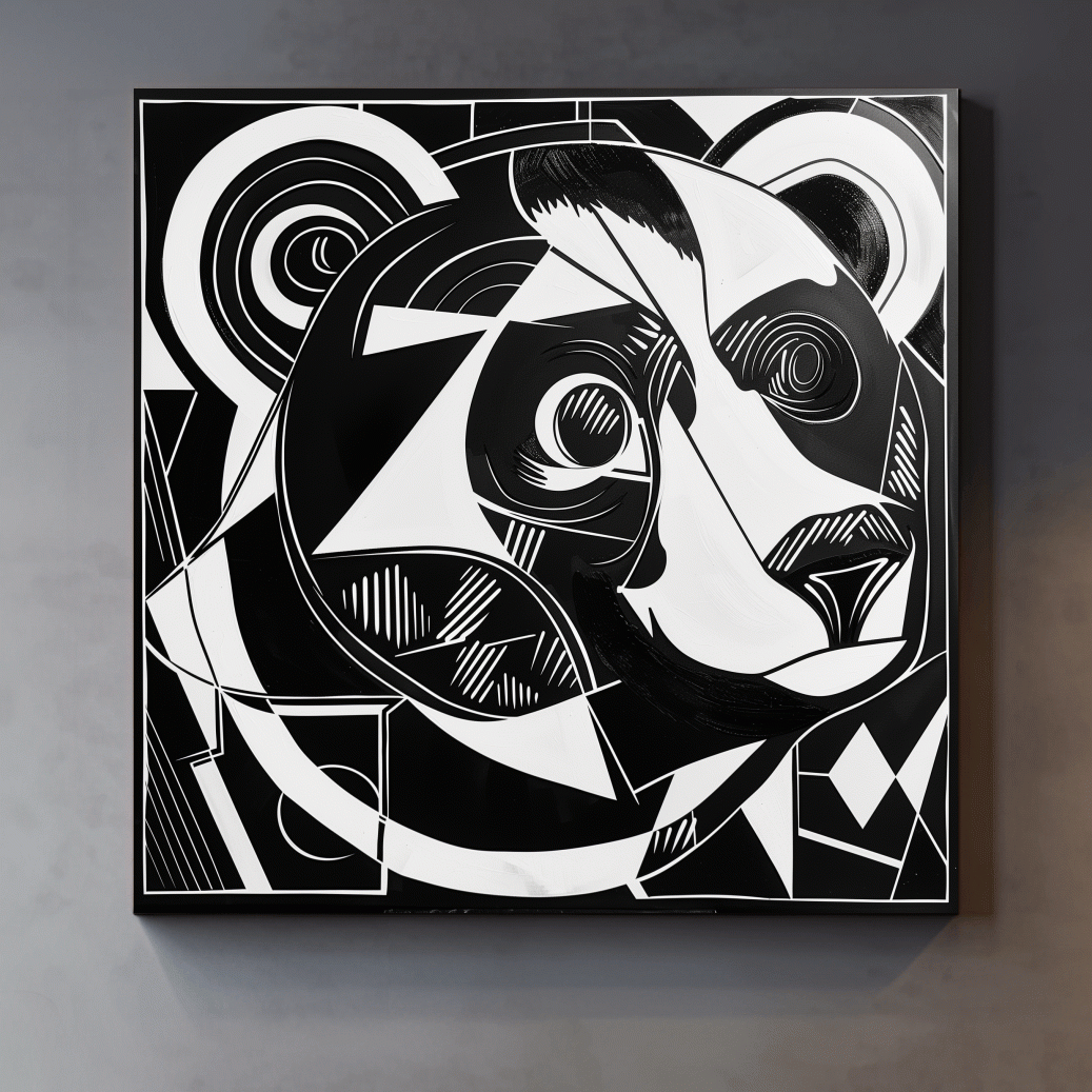 Cubism style abstract painting of a black bear, modern wall art