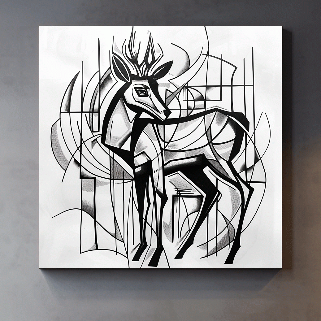 Cubism Abstract Stag Artwork - Modern Black And White Wildlife Wall Art