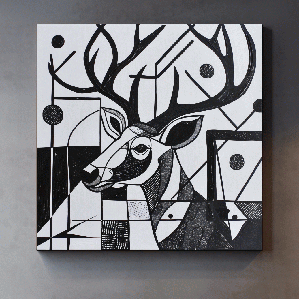 Abstract painting, black & white deer head and antlers artwork
