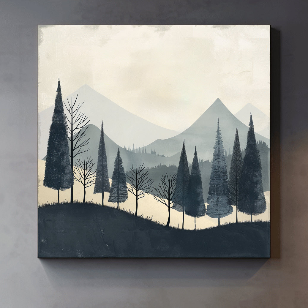 Minimalist Nordic Mountain Forest Landscape - Serene Scandinavian Nature Wall Art