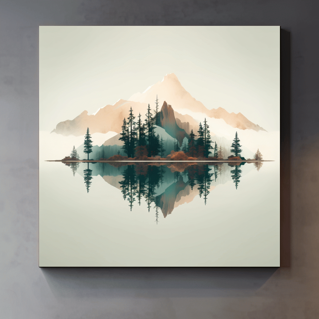 Minimalist Watercolor Mountain Lake Reflection - Serene Pine Forest Landscape Wall Art