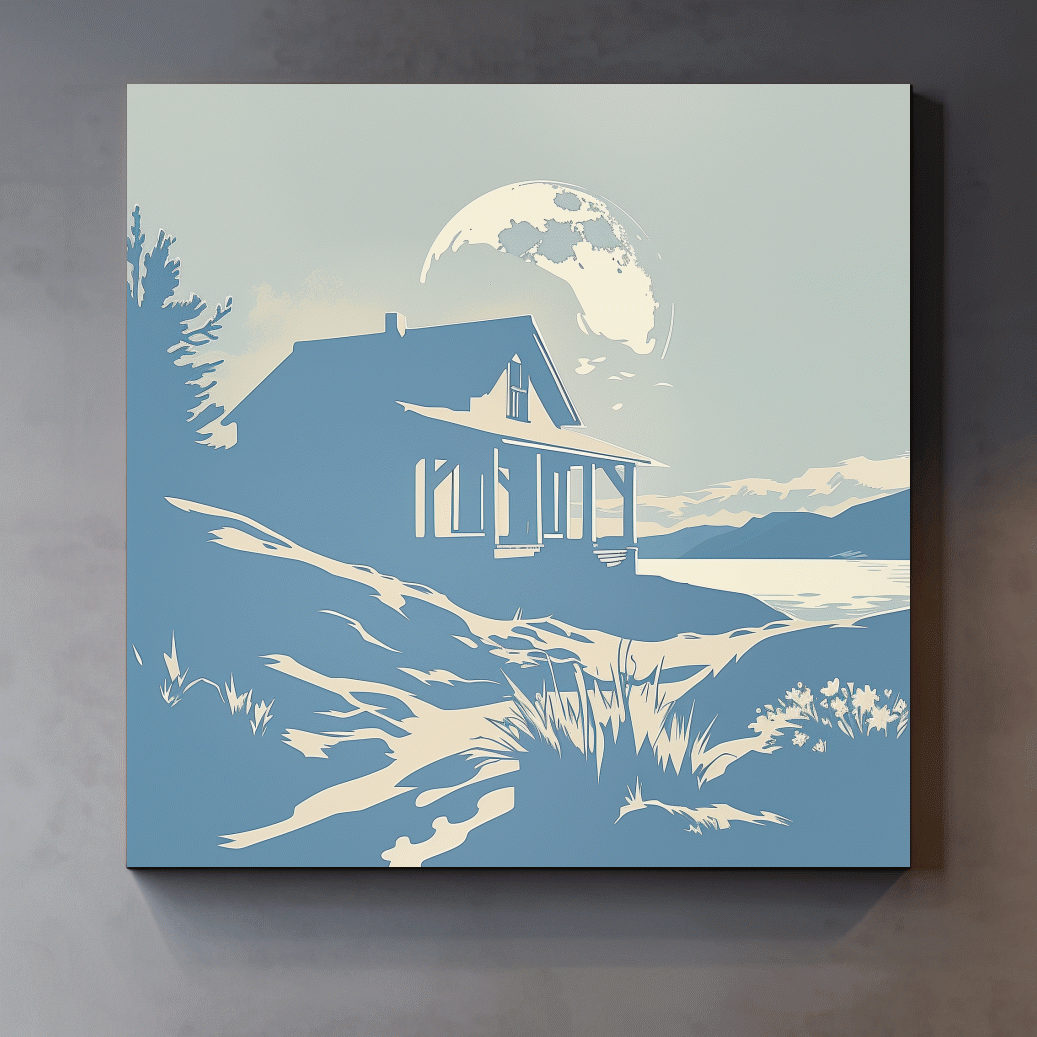 Lakeside cabin on a moonlit night, minimal vector wall artwork