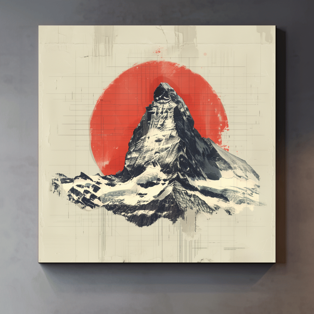 Matterhorn at sunset drawing, Swiss Alps, Japandi style illustration mountain artwork