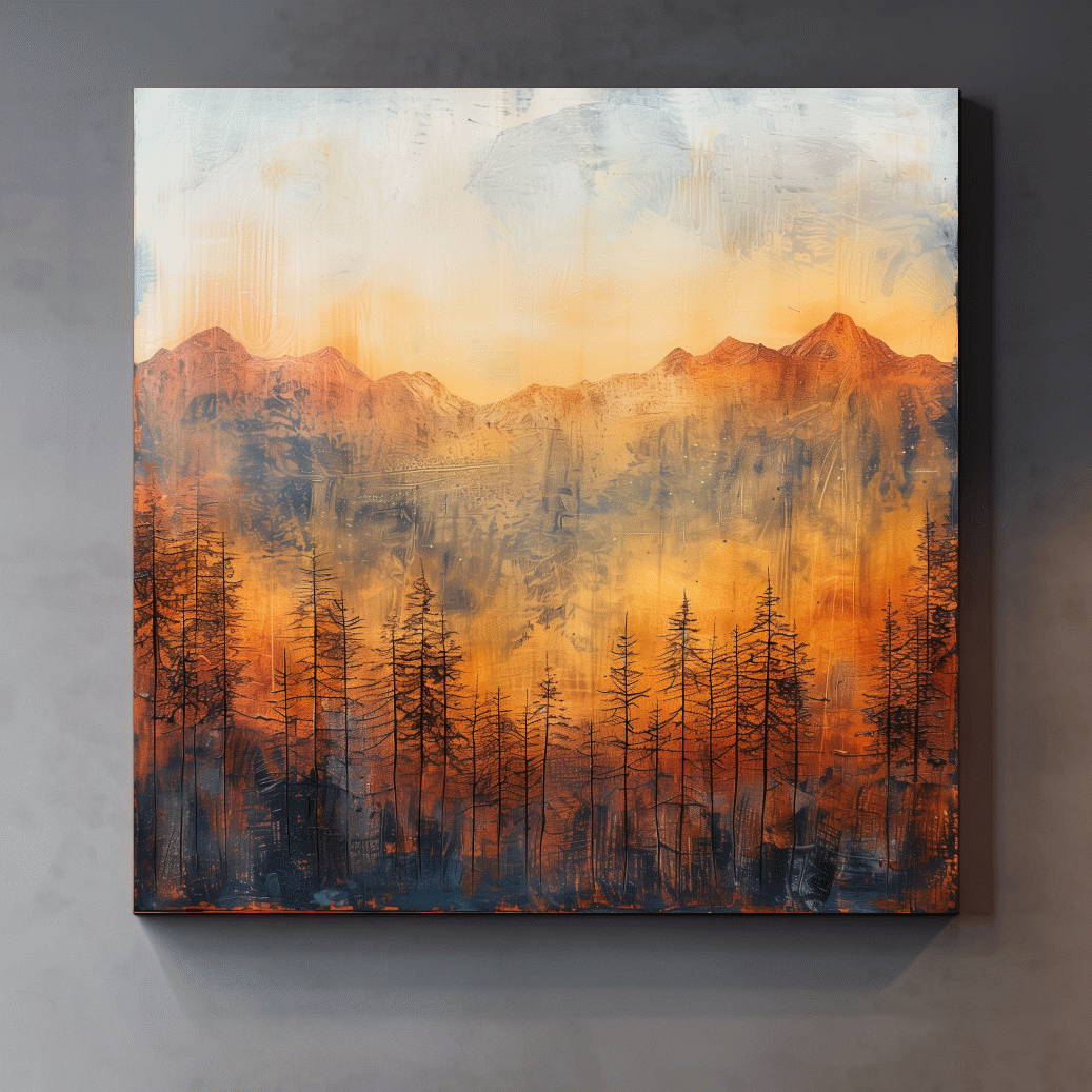 Moody Abstract Mountain Sunrise With Silhouetted Pine Forest - Textured Landscape Painting