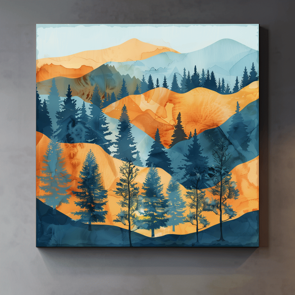 Watercolour painting forest wall art, pine trees, rolling hills and mountains