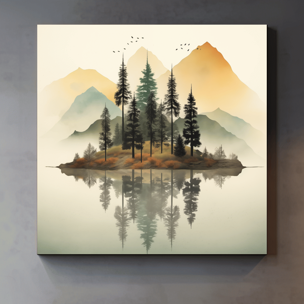 Minimal art, trees reflection in an alpine lake