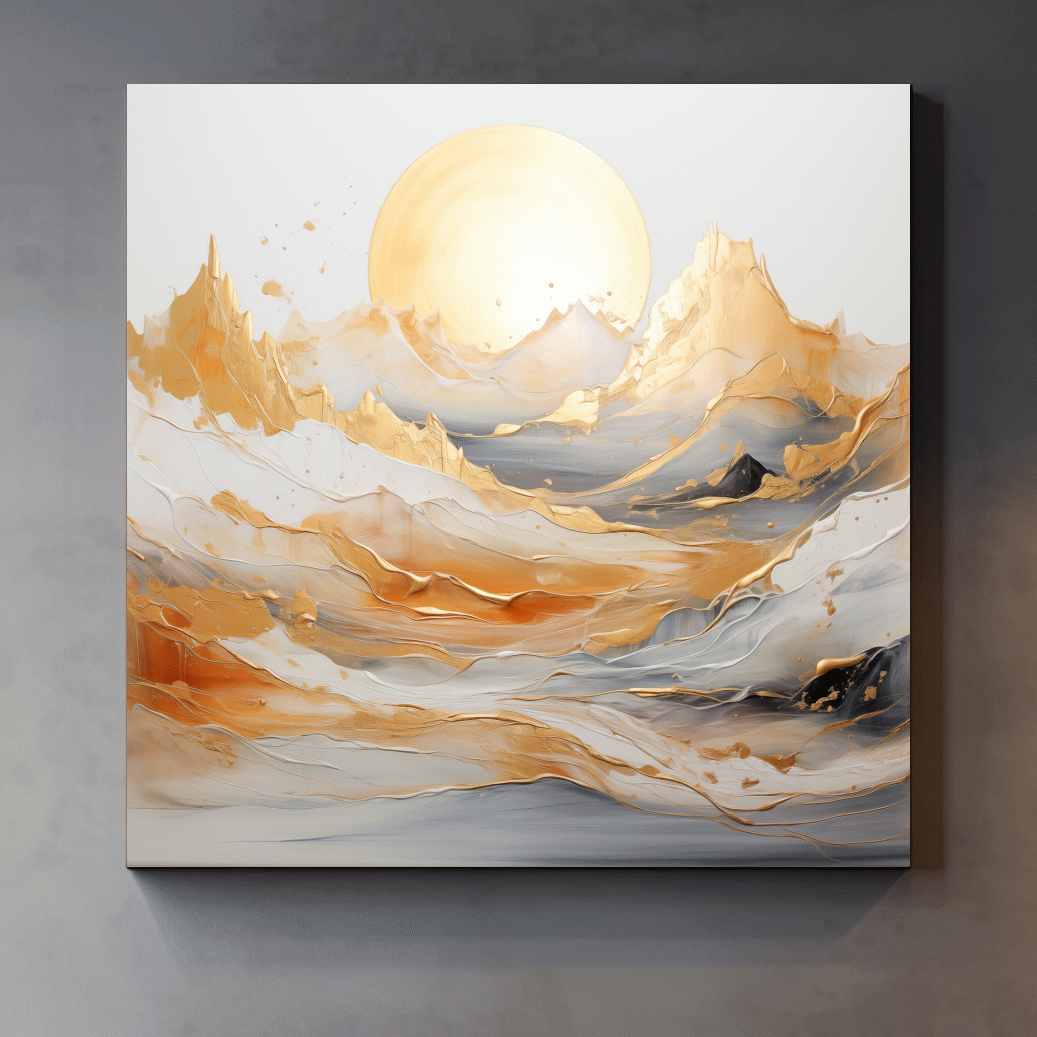 Gold leaf style painting of a mountain landscape
