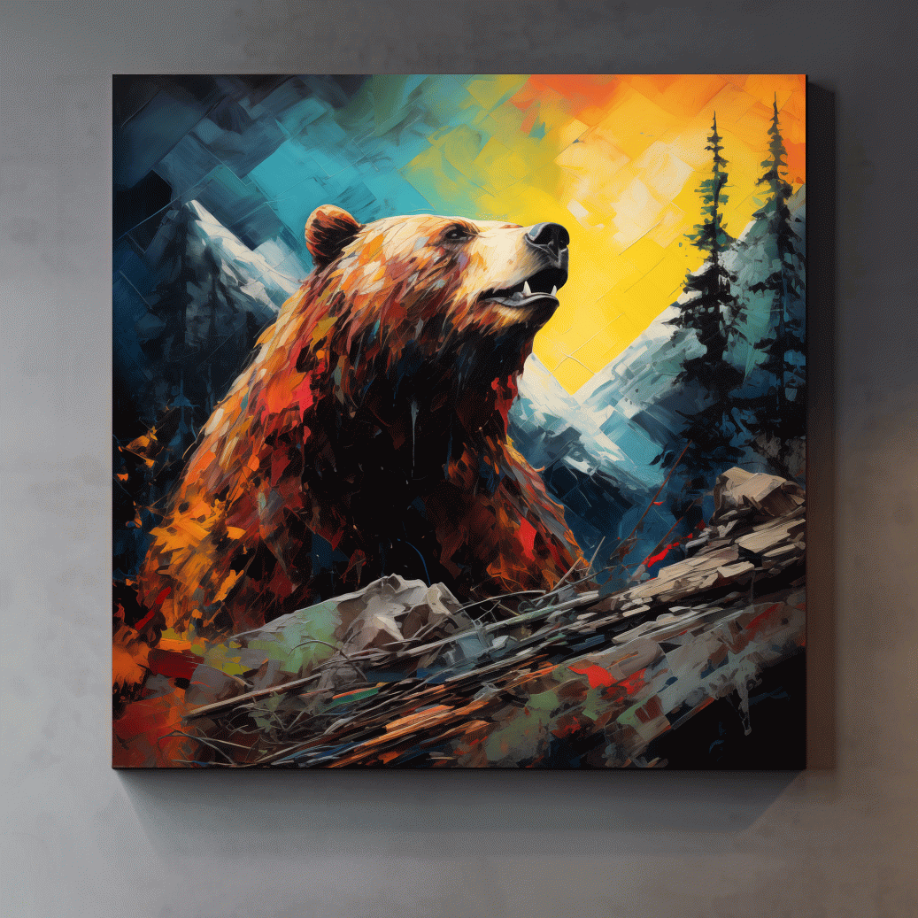 Colourful painting of a grizzly bear in the mountains