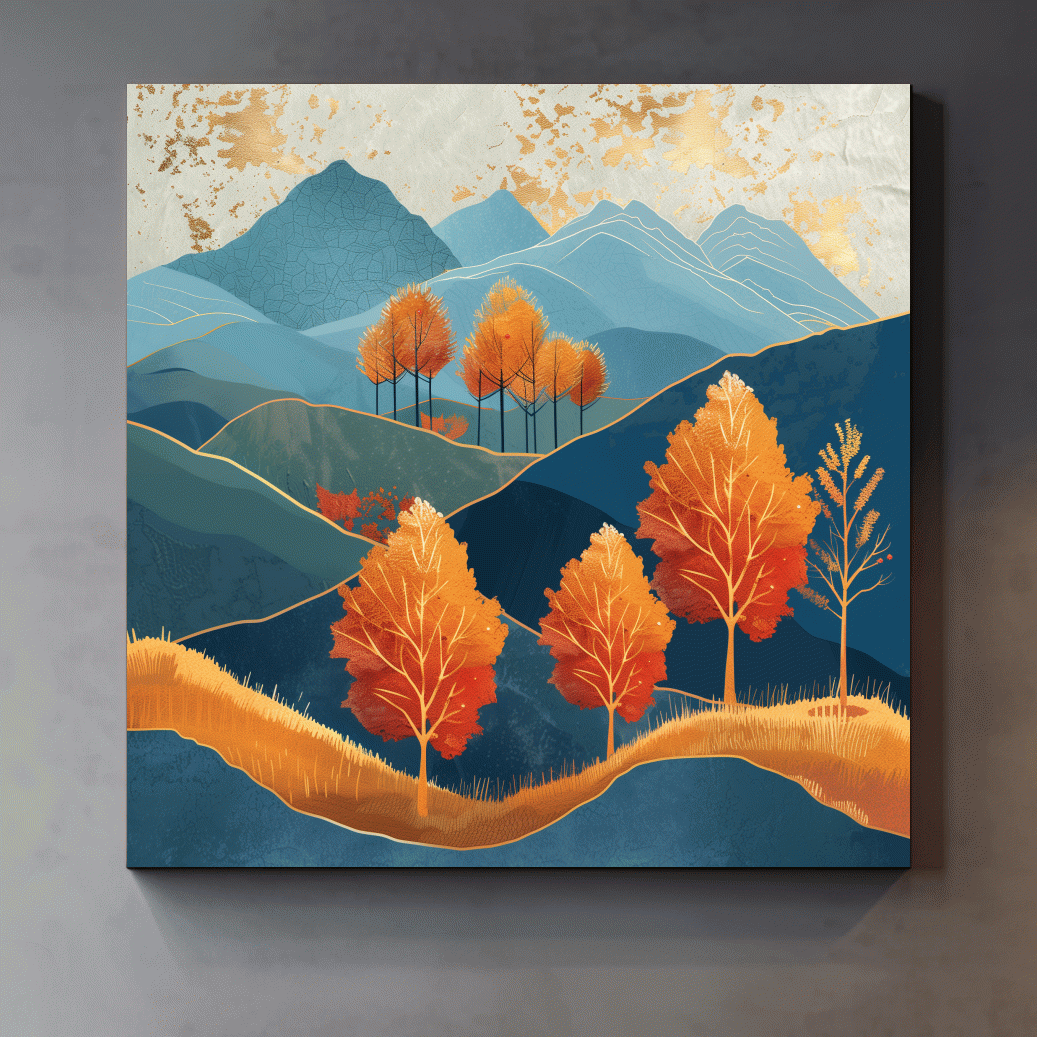 Fall in the mountains wall art, gold leaf effect artwork