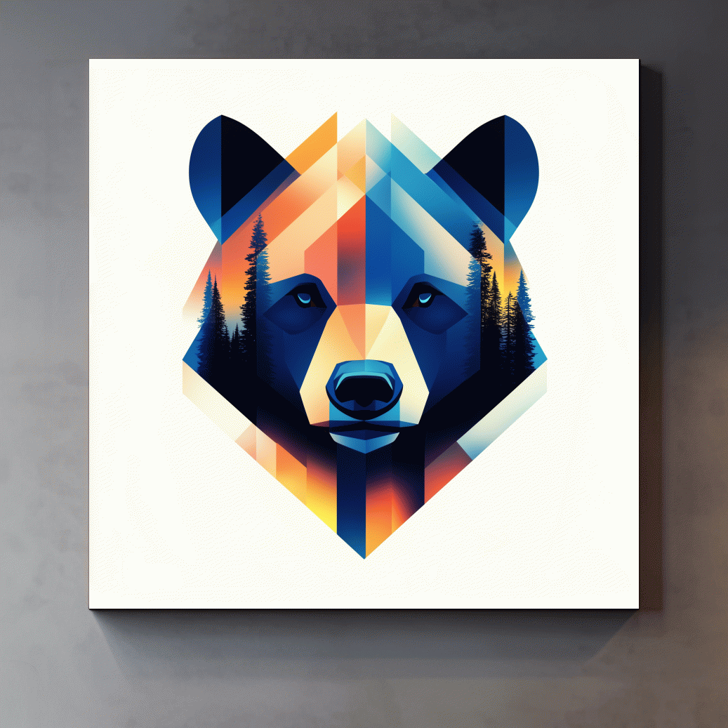 Colorful bear head illustration print, double exposure forest wall art