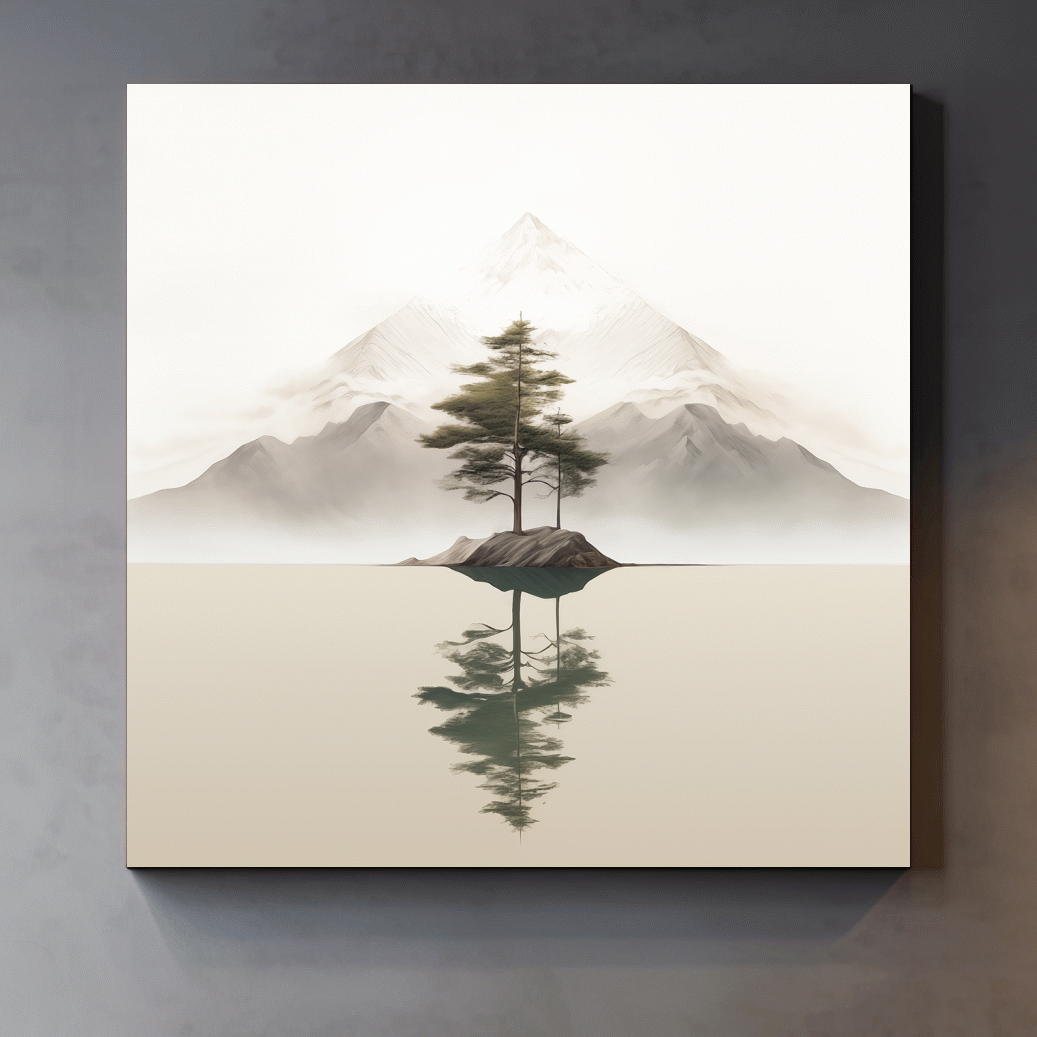 Mimimal mountain art, tree reflecting on a lake