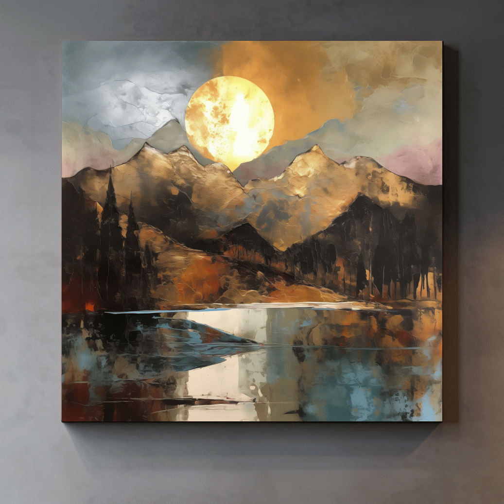 Golden mountain sunset artwork, gold leaf textured style landscape wallart
