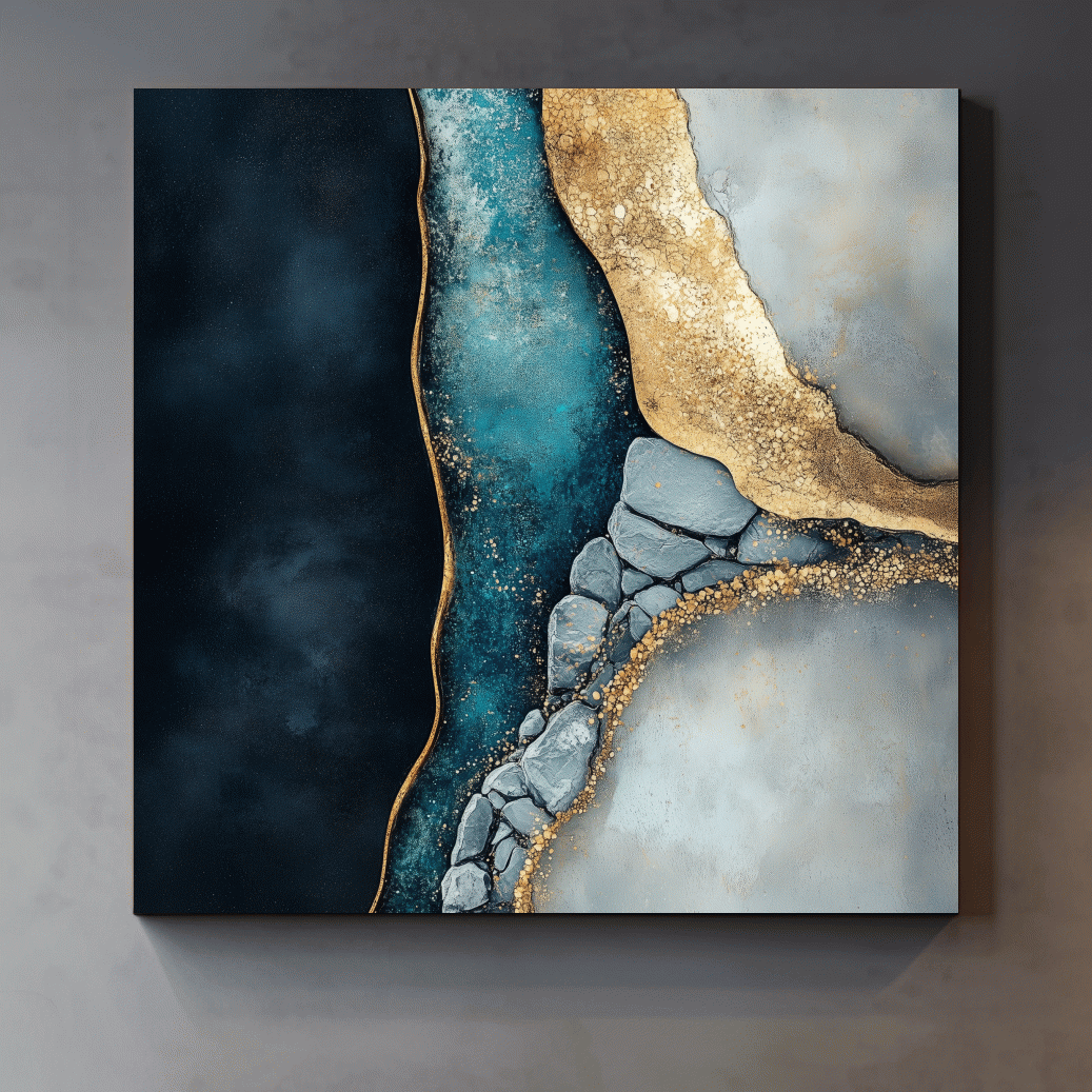Elegant abstract riverbed rock artwork, natural flowing modern wall art