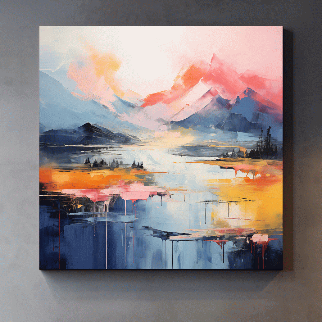 Abstract mountain landscape artwork, vibrant colors in oil painting style