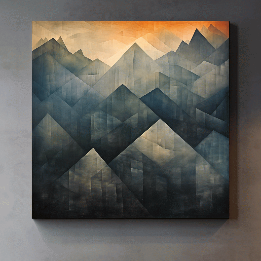 Abstract geometric mountain wall art, gradient shades with warm sunset sky