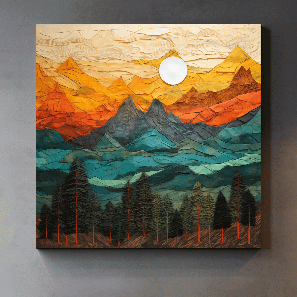 Layered Paper Cut Style Mountain Sunset - Colorful Abstract Forest Landscape Wall Art