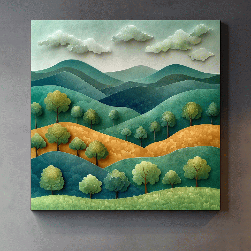 Whimsical Paper Cut Forest Hillscape - Layered 3D Mountains Landscape Wall Art