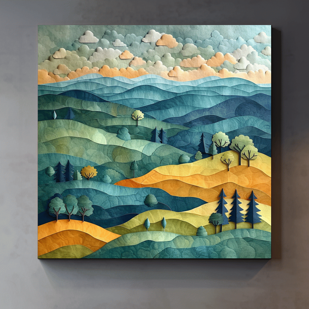 Layered Paper Cut Mountain Landscape - Mixed Media Forest Wall Art