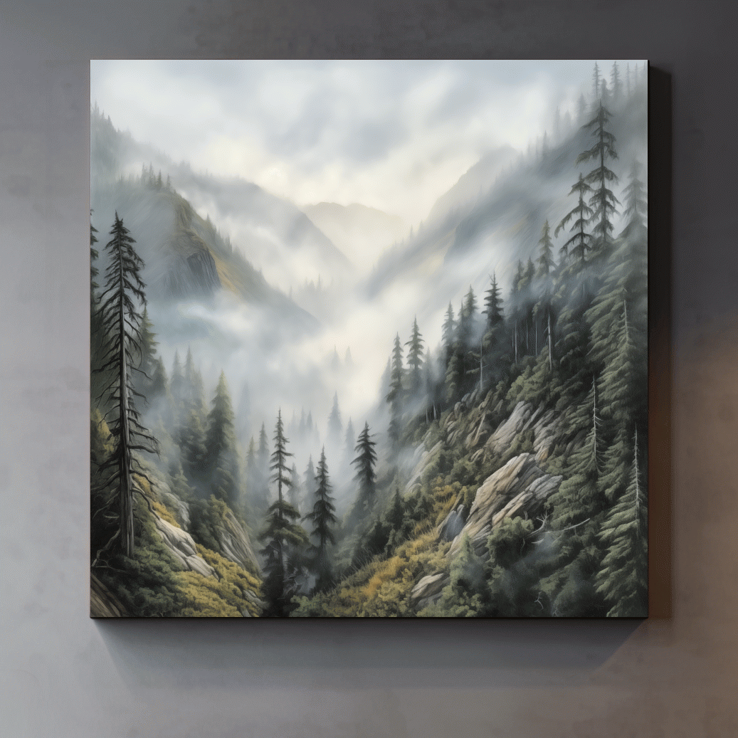 Misty Mountain Valley Pine Forest Painting - Foggy Alpine Landscape Wall Art