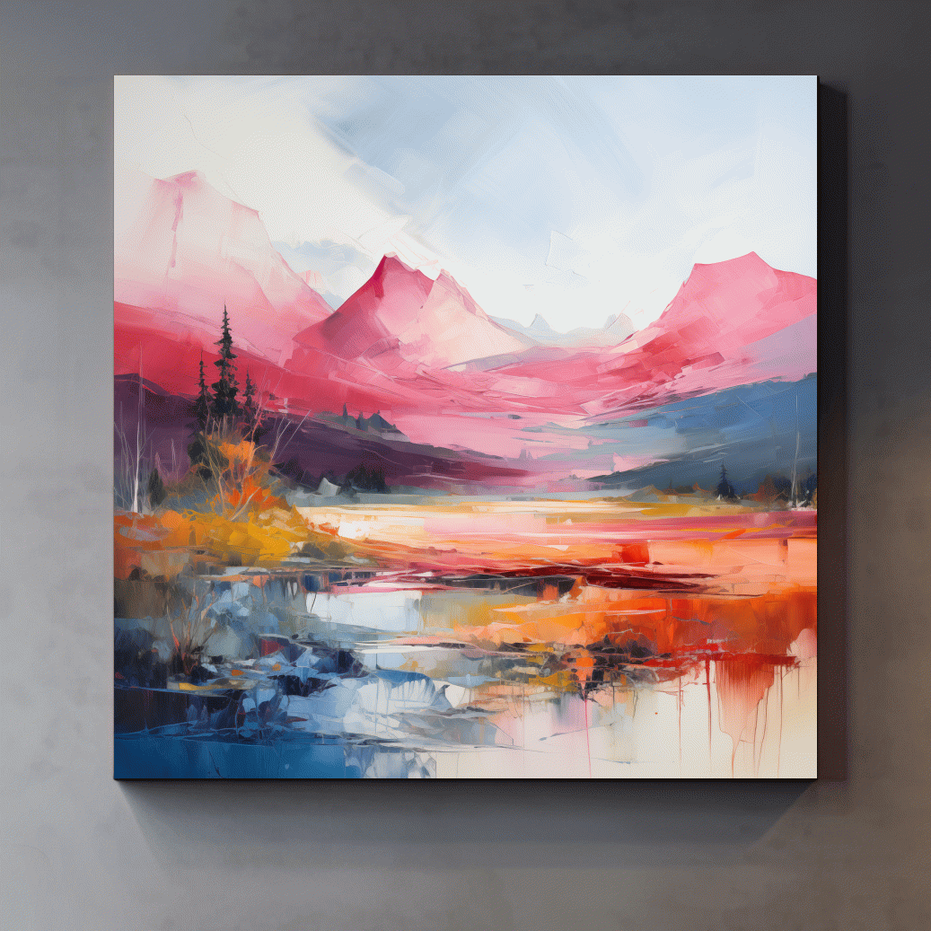 Vibrant Abstract Impressionist Alpine Lake Sunset Painting - Colorful Mountain Wall Art
