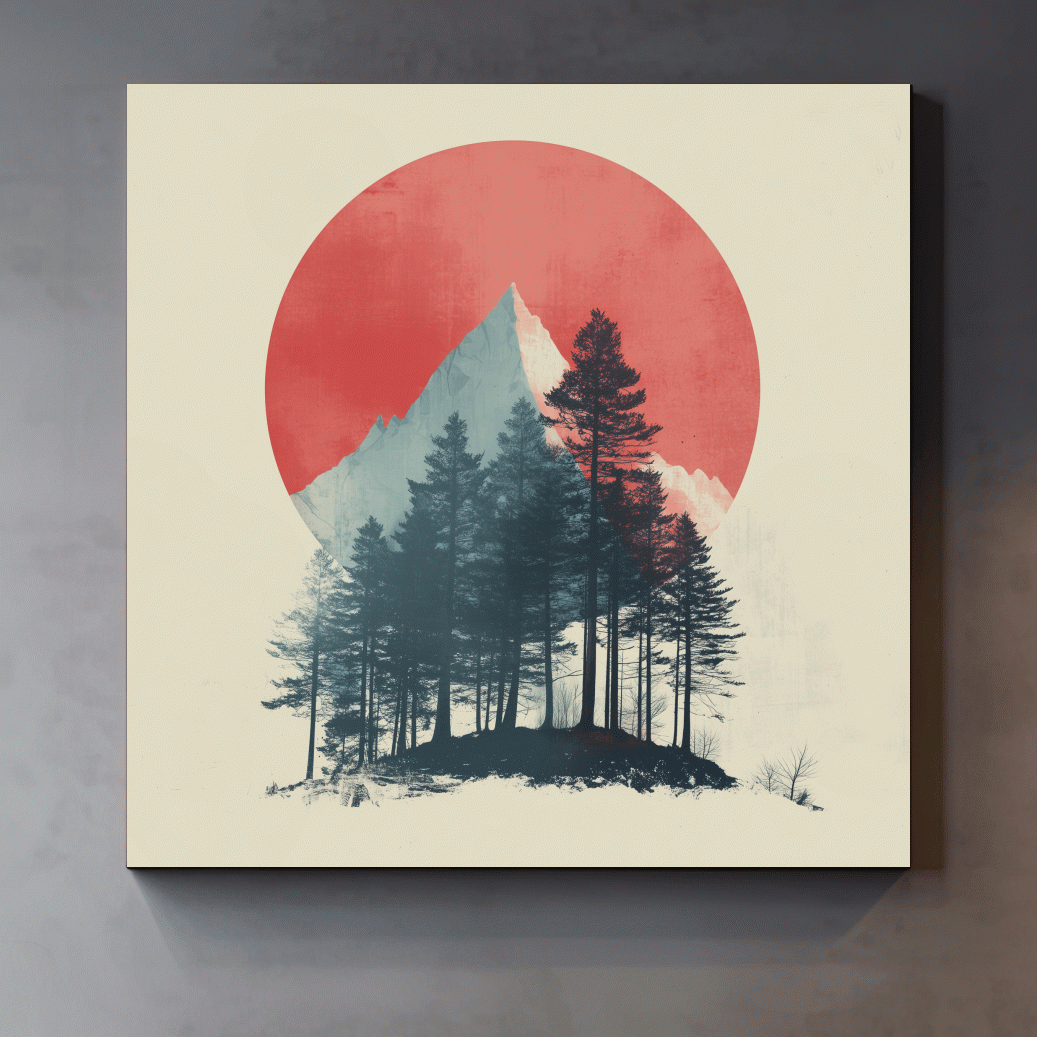 Minimalist Mountain Peak Pine Forest - Scandinavian Sunset Landscape Wall Art