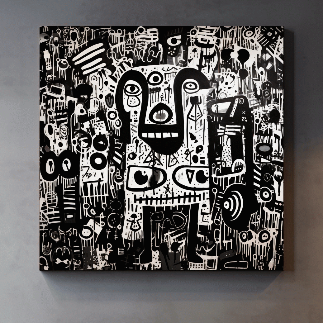 Black And White Abstract Graffiti Bear - Urban Street Art Wall Artwork