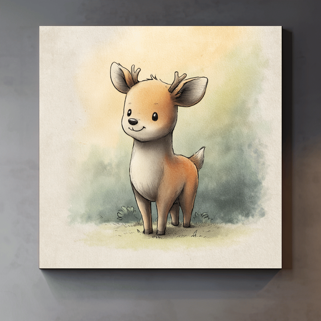Cute Baby Deer Watercolor Illustration - Whimsical Woodland Nursery Wall Art