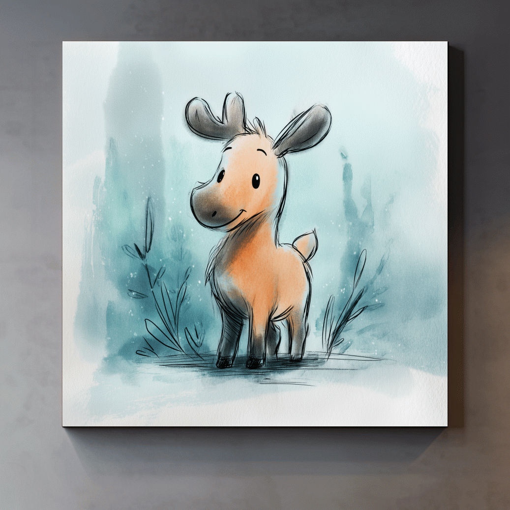 Cute Baby Moose Watercolor Illustration - Whimsical Nursery Wildlife Wall Art
