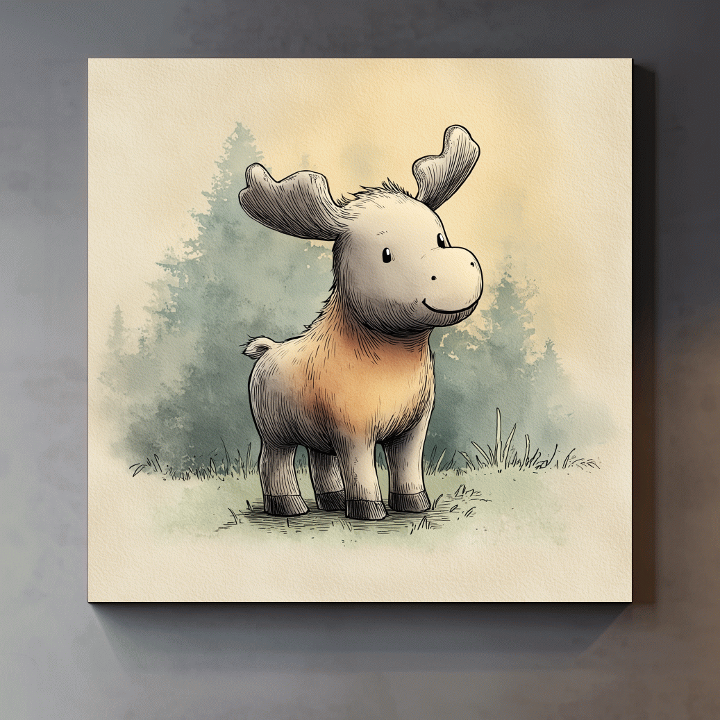 Cute Baby Moose Watercolor Illustration - Woodland Nursery Animal Wall Art