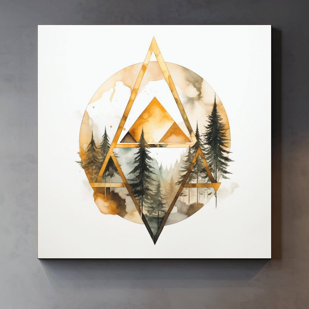 Rustic Elegant Watercolor Mountain Pine Forest - Abstract Golden Geometric Nature Wall Art