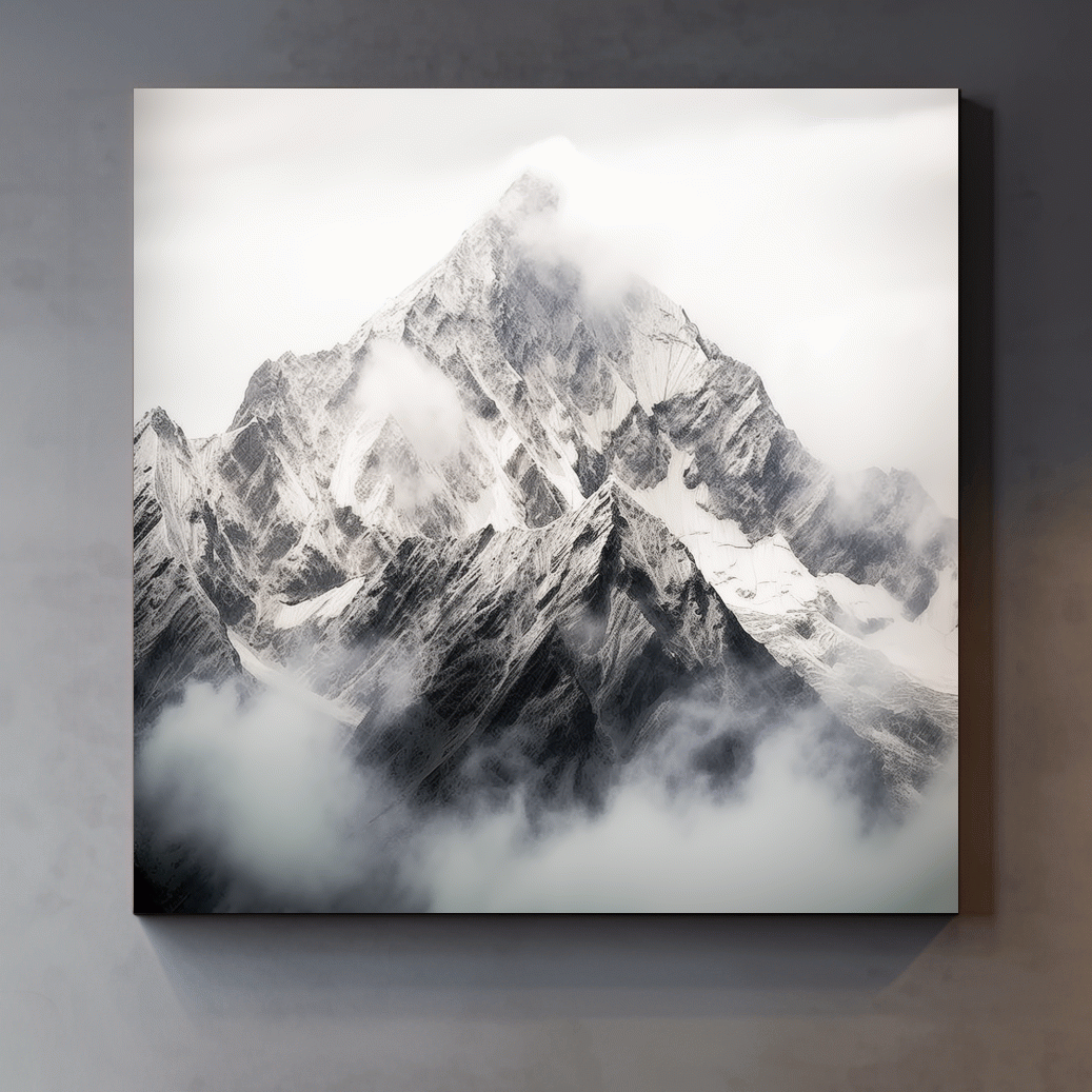 Snowcapped Alpine Peak Photography - Monochrome Mountain Wall Art