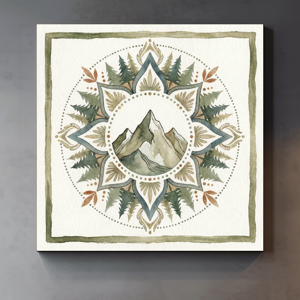 Mountain Mandala Watercolor - Boho Botanical Nature Wall Art