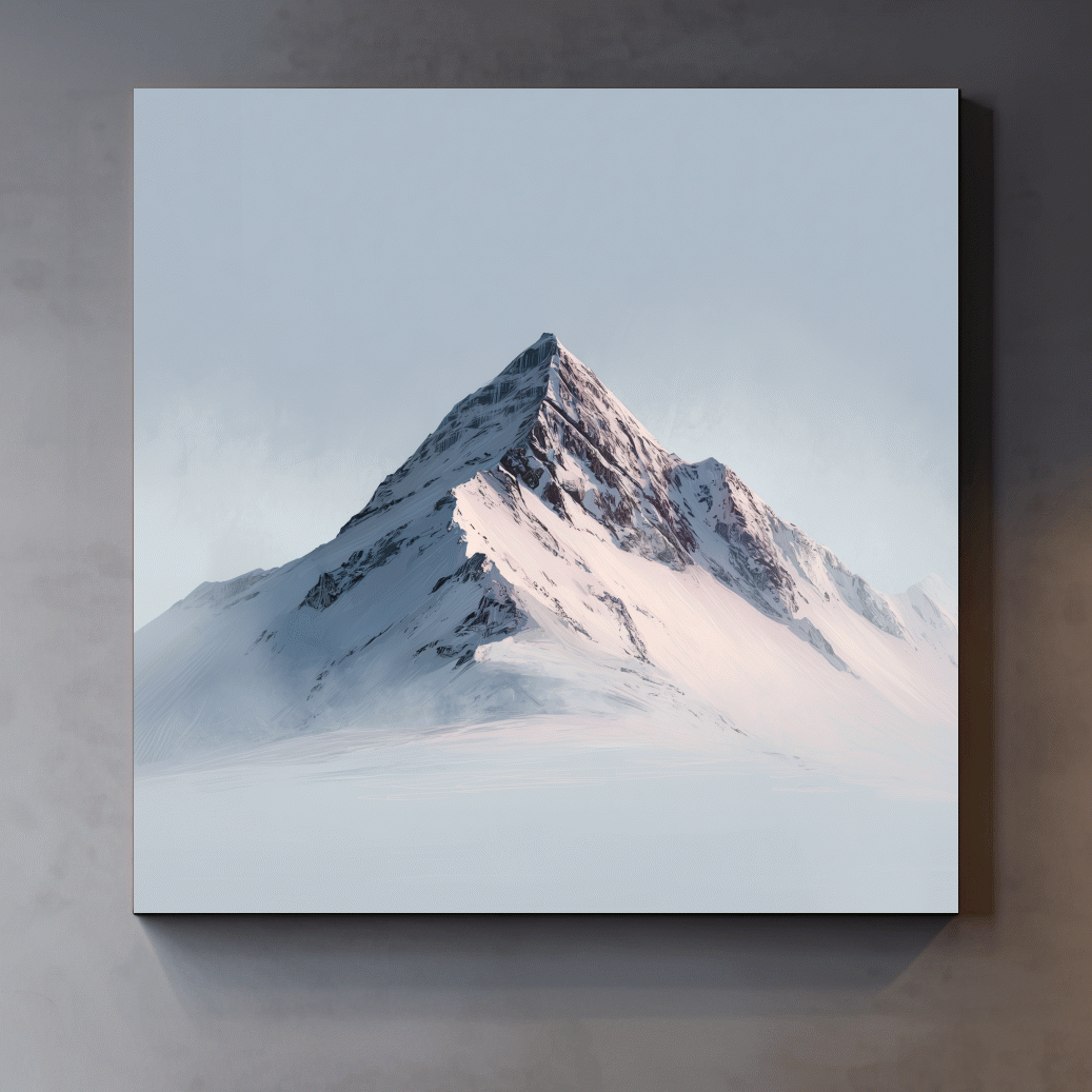 Minimalist Snowy Alpine Peak Painting - Serene Winter Mountain Wall Art
