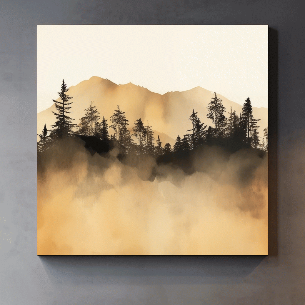Misty Golden Mountain Pine Forest - Sepia Watercolor Landscape Wall Art