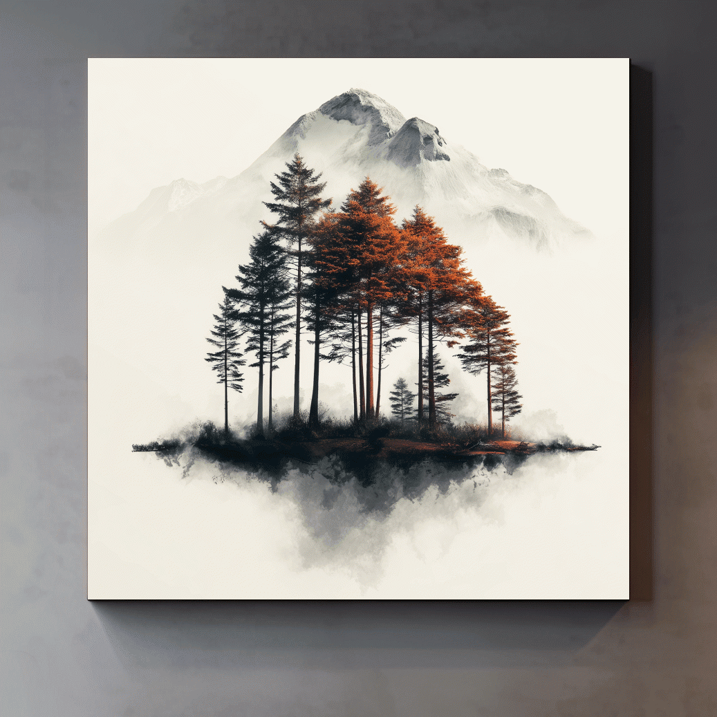 Misty Mountain Pine Forest Watercolor - Autumn Landscape Wall Art