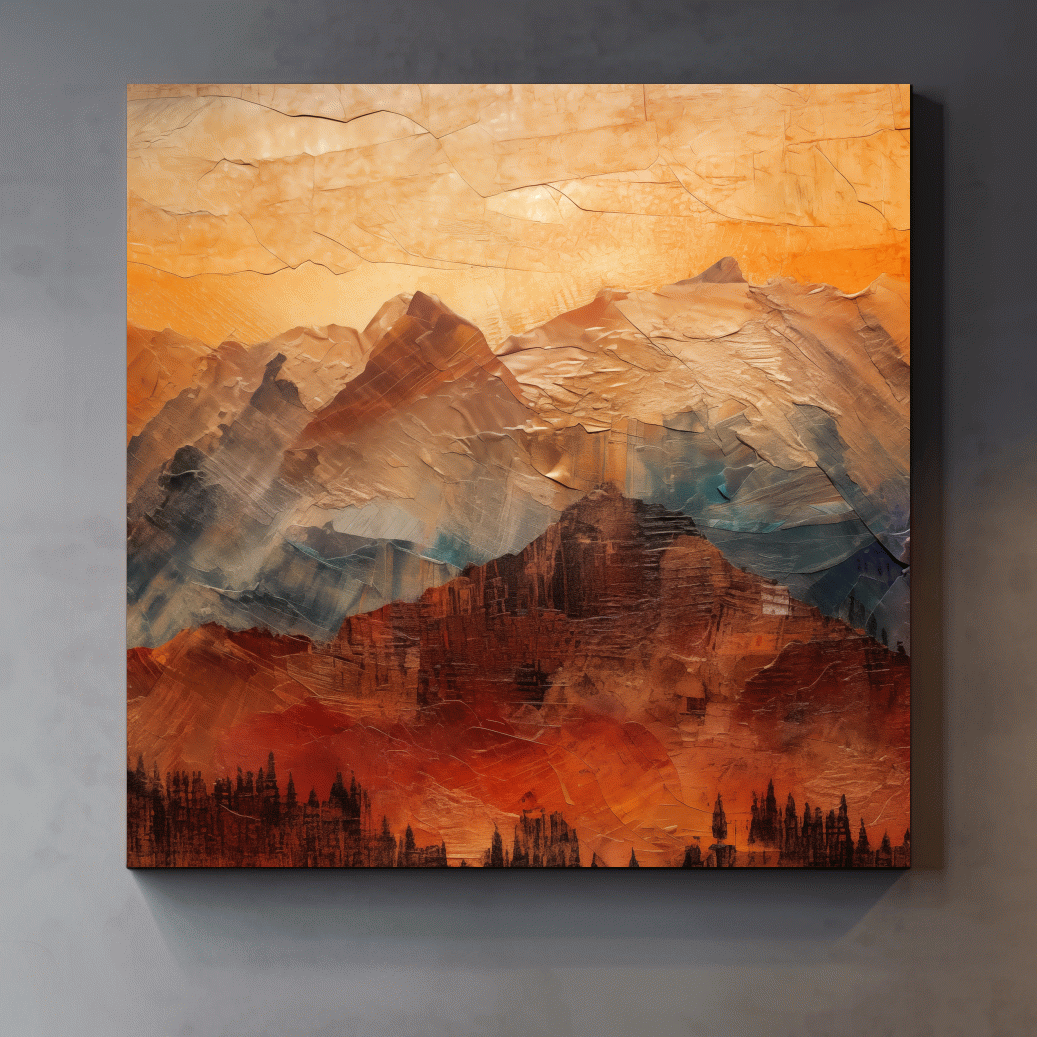 Impasto Style Abstract Mountain Range Sunset - Warm Rustic Landscape Wall Art