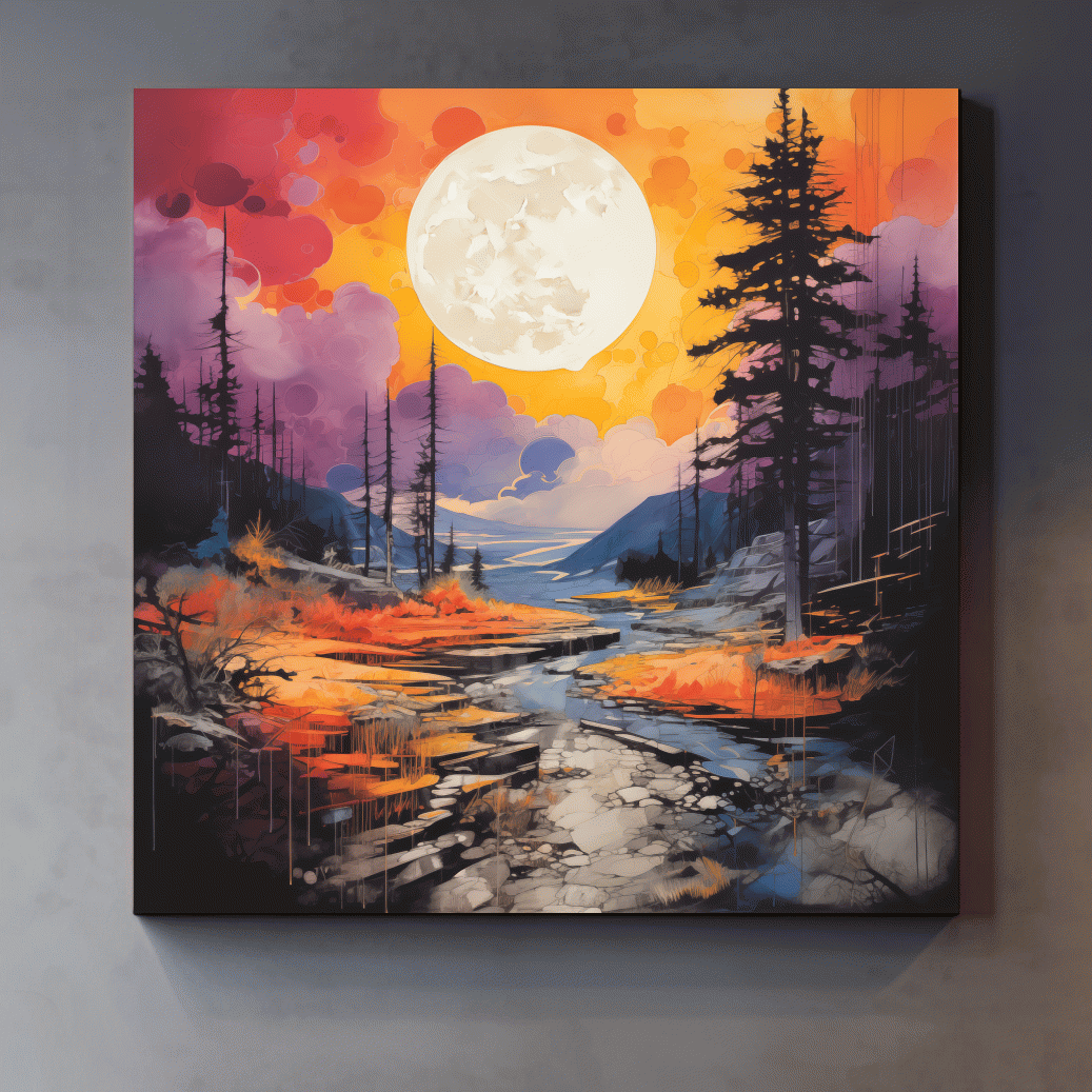 Vibrant River Valley Landscape Illustration - Abstract Sunset Forest Wall Art