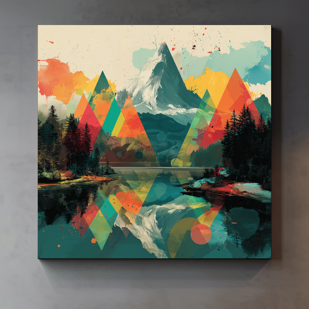 Vibrant Abstract Mountain Lake Collage Art - Colorful Alpine Wall Art