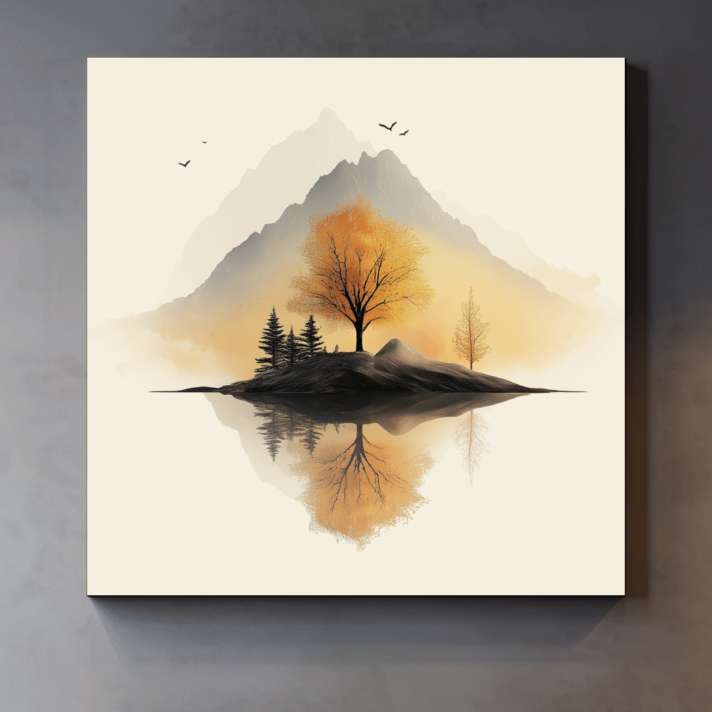 Minimalist Misty Mountain Lake Illustration - Serene Autumn Tree Landscape Wall Art