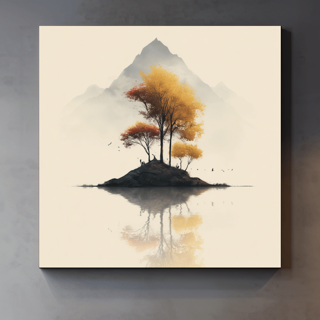 Minimalist Autumn Trees On Misty Lake Island - Serene Mountain Landscape Wall Art