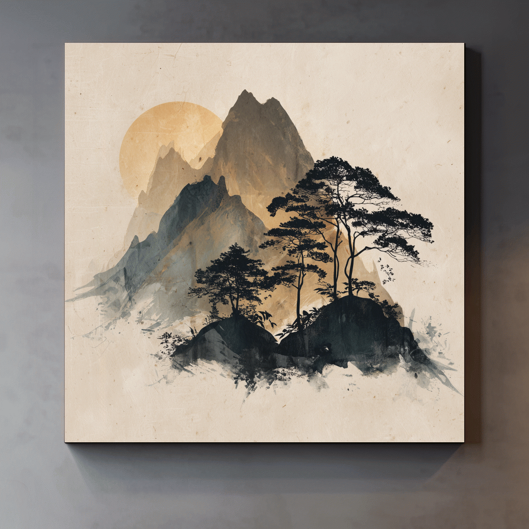 Zen Ink Wash Mountain Sunrise - Minimalist Japanese Pine Landscape Wall Art