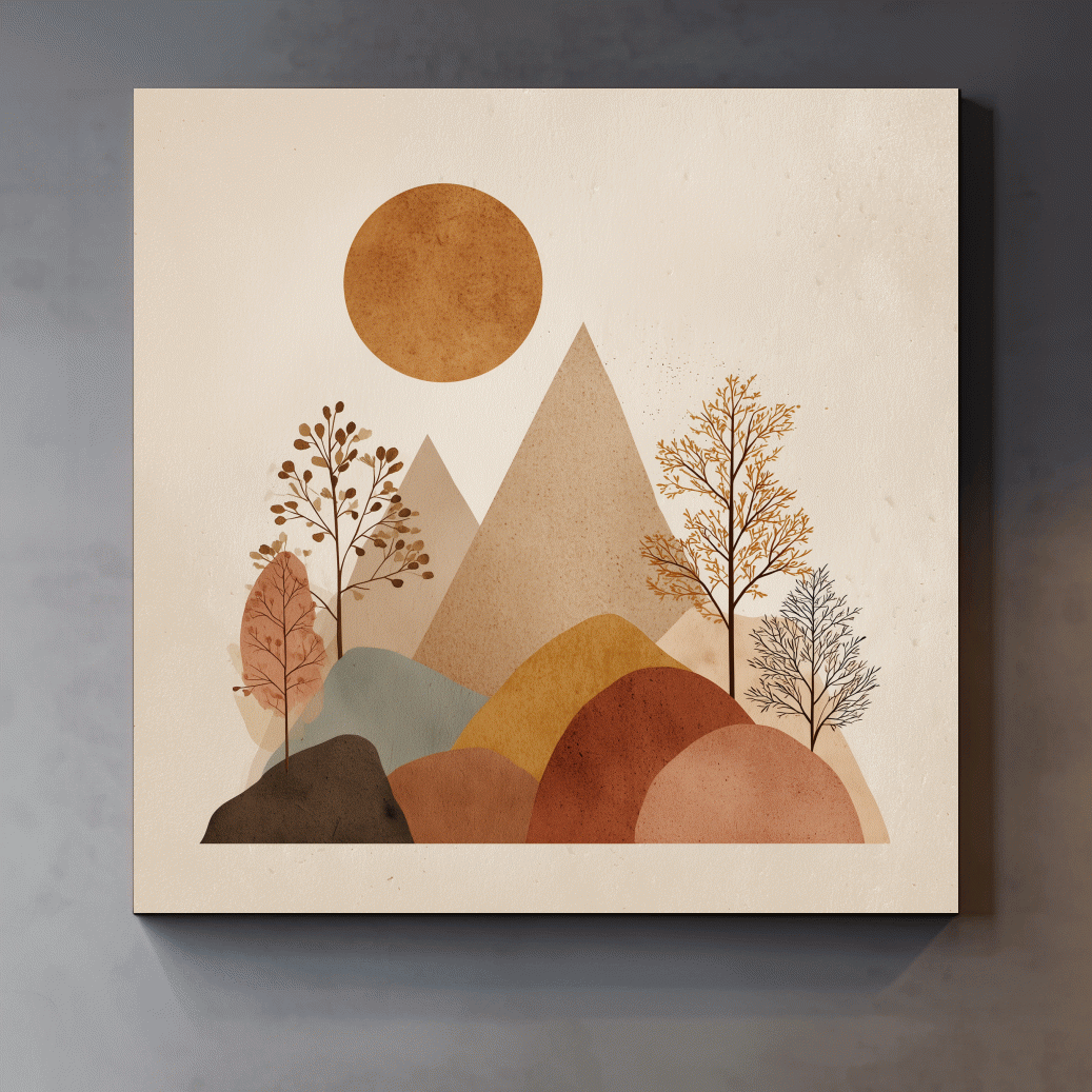 Minimalist Scandi Mountain Sunset Landscape - Boho Neutral Earth Tone Wall Art