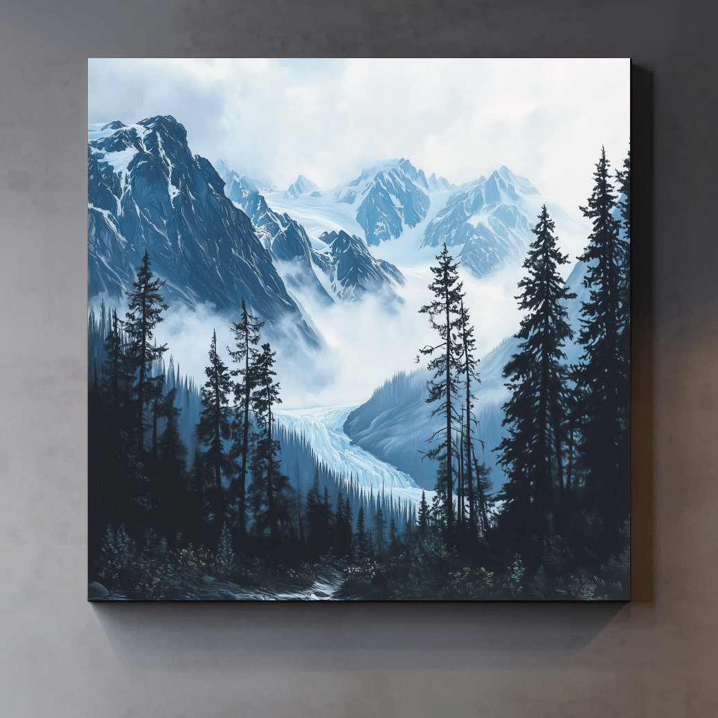 Misty Alpine Glacier Valley Landscape - Moody Mountain Forest Wall Art