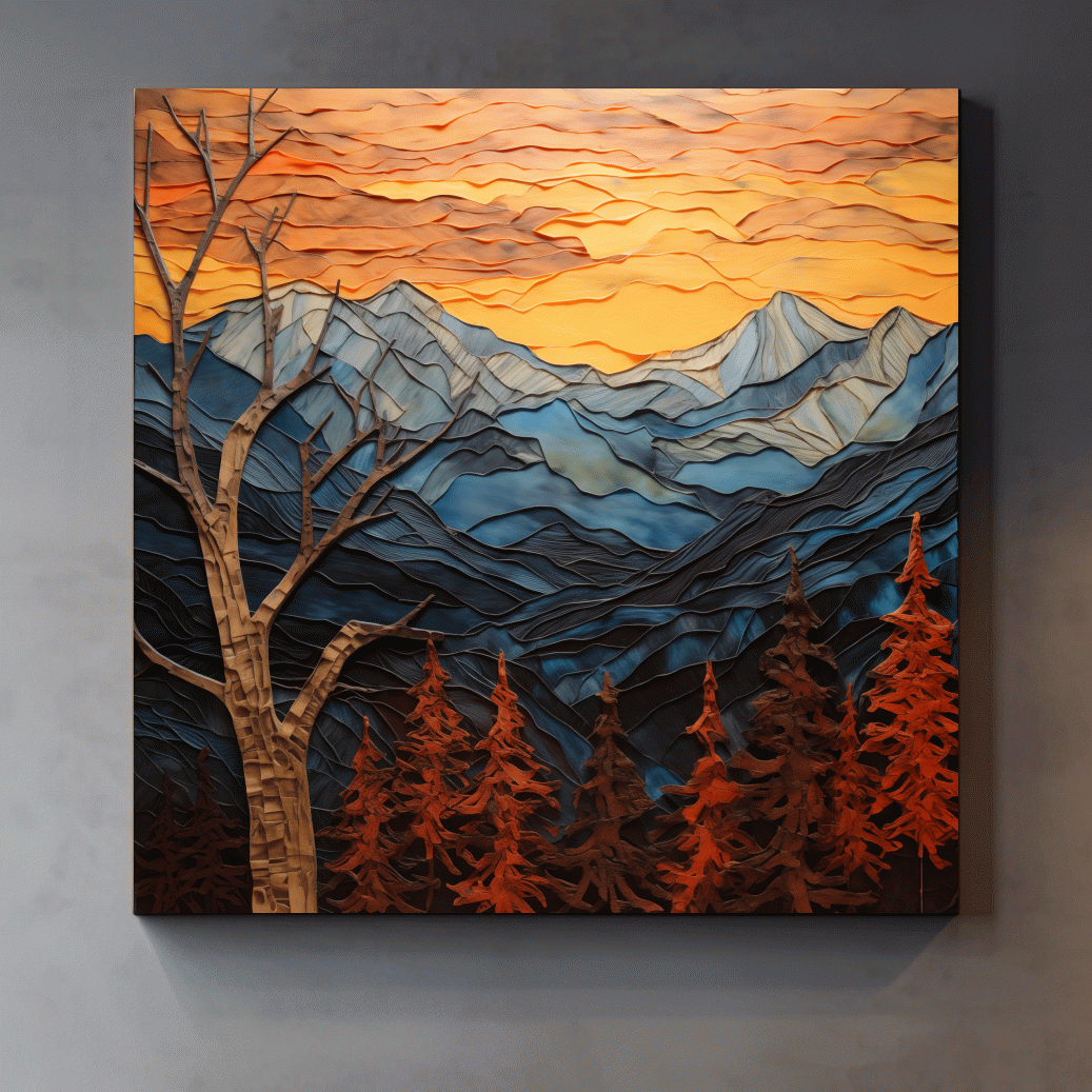 Layered Paper Cut Alpine Mountain Sunset - Mixed Media 3D Landscape Wall Art